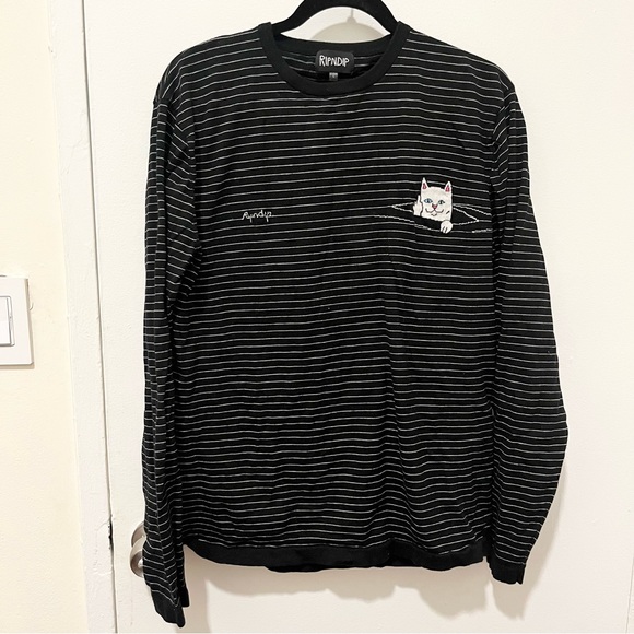 RIP n DIP striped kitty long sleeve tee large black white - Picture 3 of 7